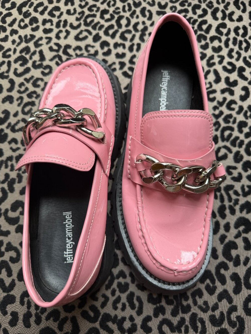 Jeffrey Campbell Pink Patent Chain-Embellished Lug Sole Loafers Size 8